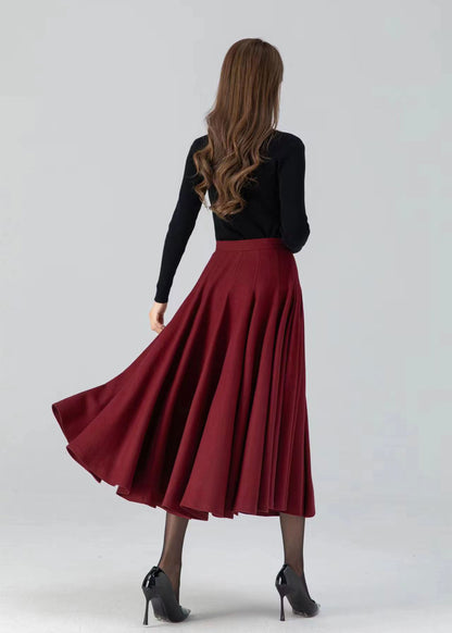 Women's Red Wool Swing Midi Skirt – Warm Winter Pleated High Waist Skirt | Xiaolizi 4782