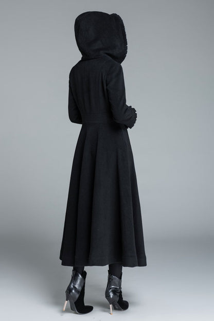Black Wool Coat Maxi Dress - Hooded Fit and Flare Winter Overcoat 1649