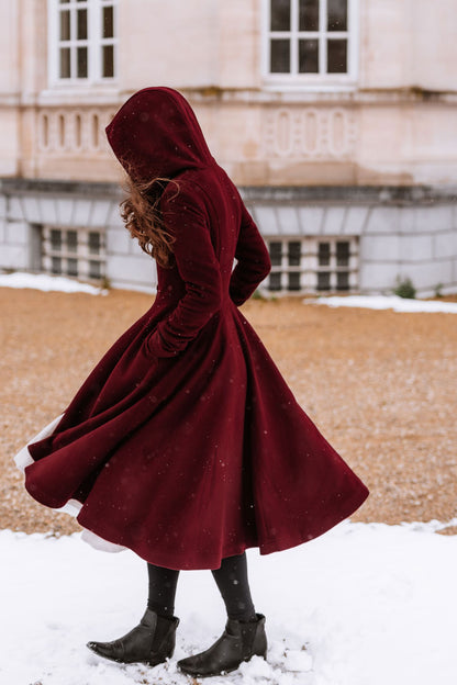 Burgundy Hooded Wool Coat – Romantic Fit & Flare Winter Midi | Xiaolizi 3424