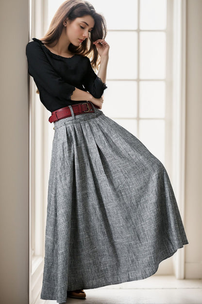 Gray Linen Maxi Skirt - Pleated Waist, Ankle Length 5139