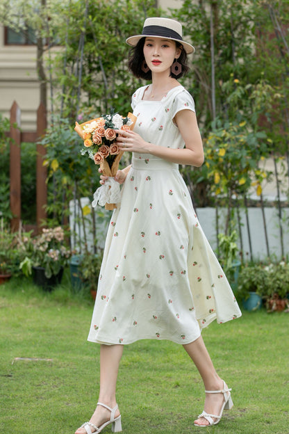 White Linen Fit and Flare Dress - Embroidered, Square Neckline 5203
