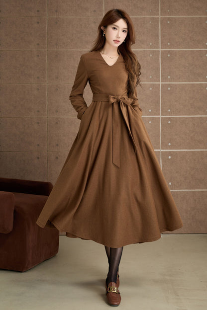Brown Wool Fit and Flare Midi Dress - Belted Vintage Style 5360