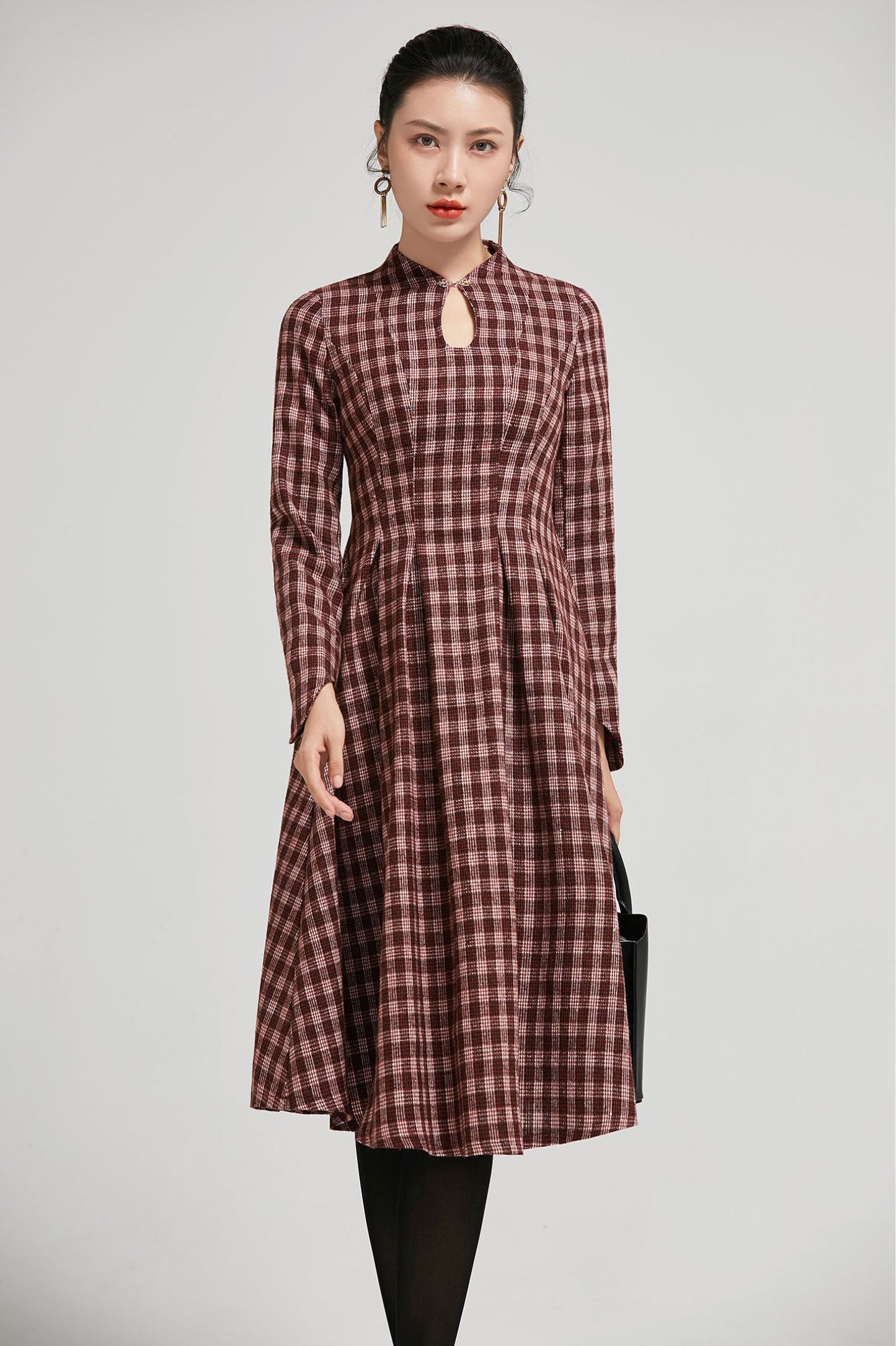 Mandarin collar plaid winter wool dress women 2295