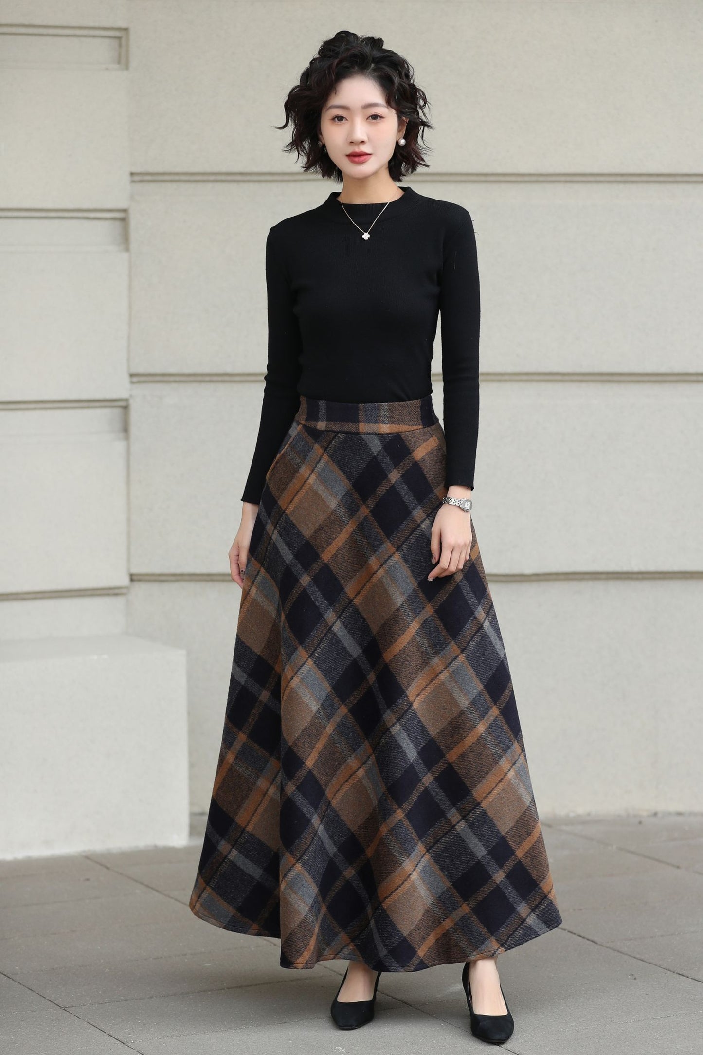 Xiaolizi Plaid Wool Maxi Skirt for Women – Handmade A-Line Winter Full-Length Skirt 6605