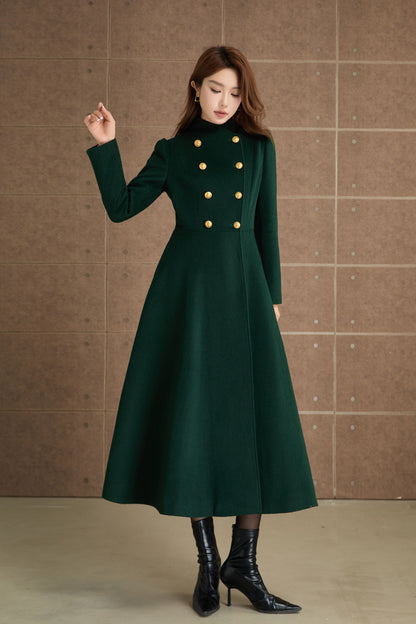Green Wool Midi Coat - Fit and Flare Double Breasted Winter Outerwear 5368