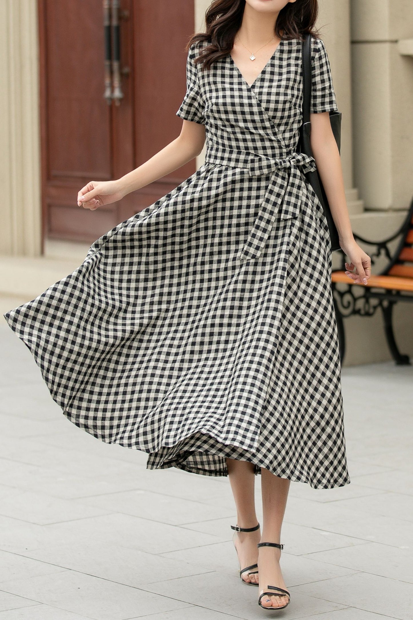 Black and white summer plaid linen wrap dress 4948