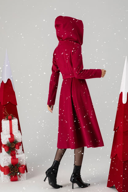 Red Wool Hooded Coat - Mid-Calf Length, Princess Silhouette 4615