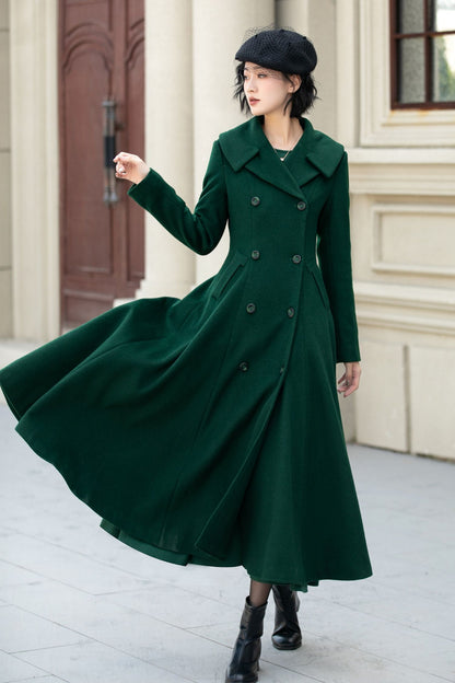 Elegant Winter Wool Coat – Dark Green Double Breasted A-Line – 5452