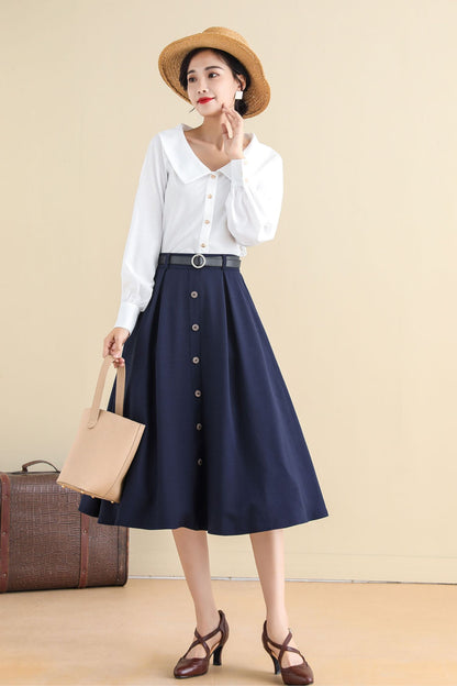 Navy Buttoned Cotton Blend Midi Skirt - A-Line, Vintage Inspired 2786