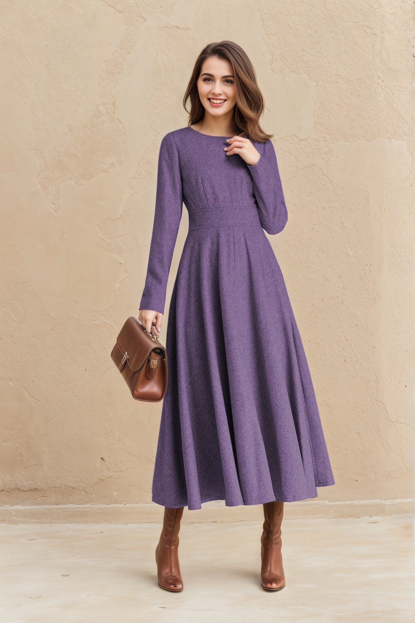 Vintage Purple Wool Midi Dress – Handmade Fit & Flare Winter Dress | Xiaolizi 6515