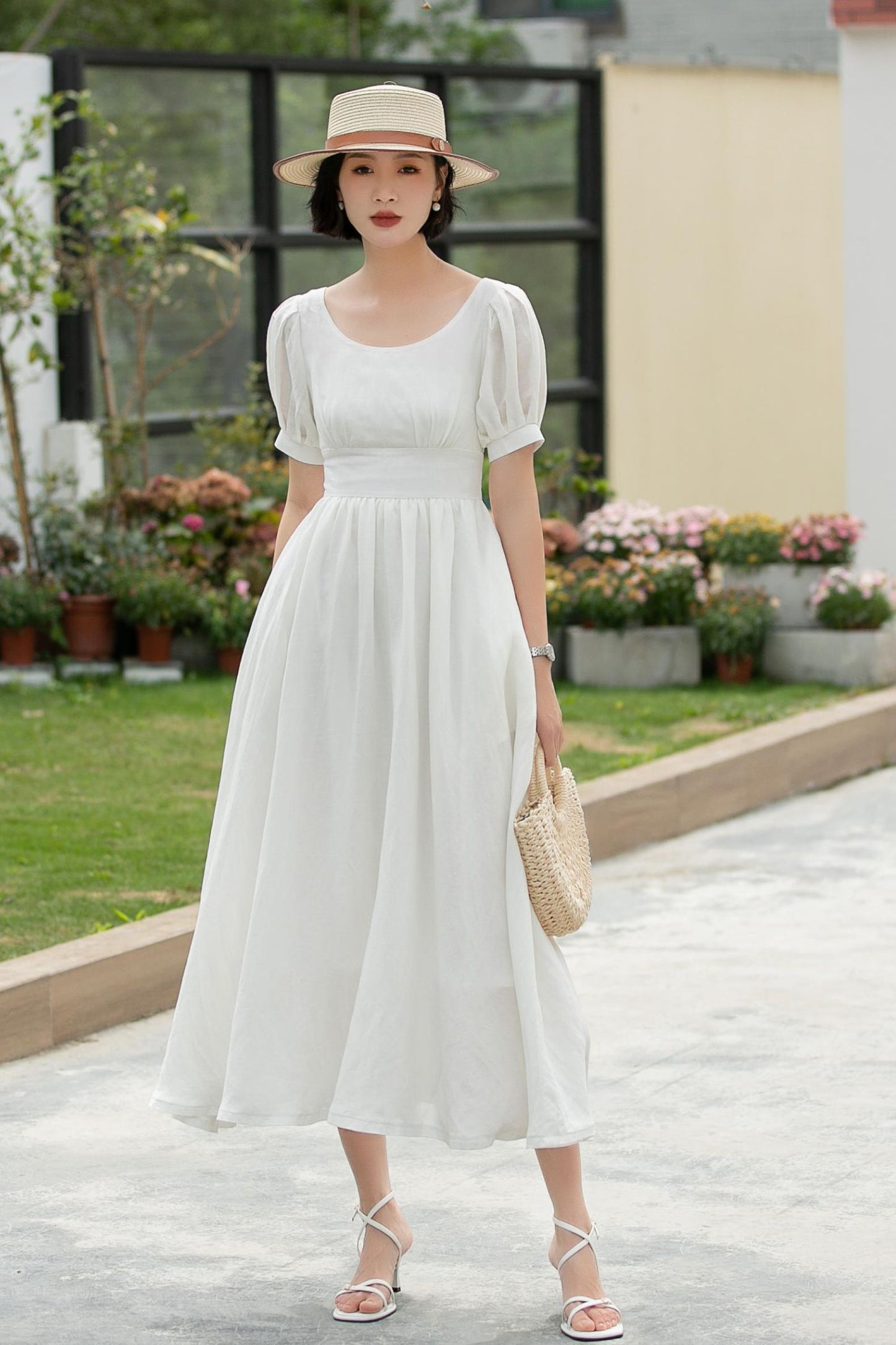 White Linen swing Wedding Dress 5983
