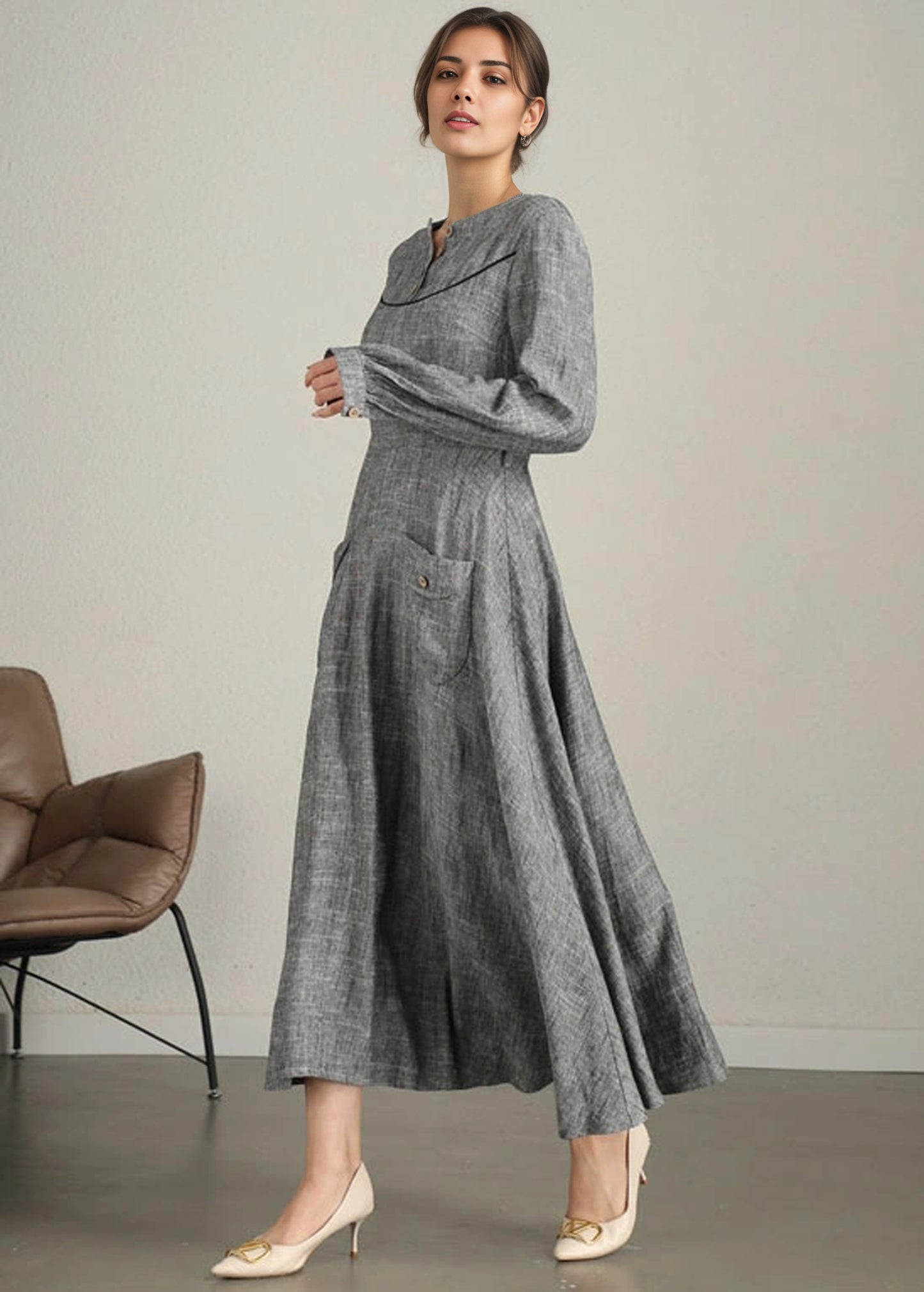 Grey Linen Cotton Maxi Dress - Long Sleeve Gathered Cuffs | Xiaolizi 6340