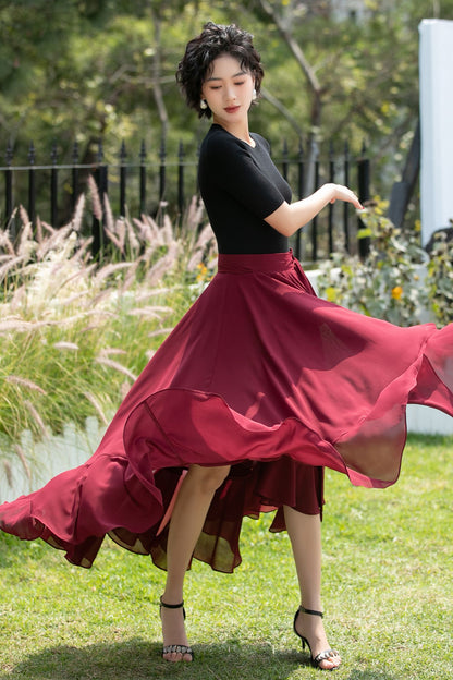 Chiffon Wrap Midi Skirt with Asymmetric Ruffle Hem | Xiaolizi 6742