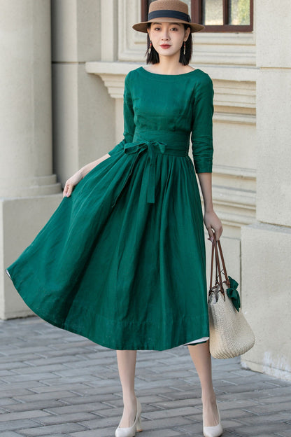 Emerald Green Linen Midi Dress - Bow Tie Waist Pockets | Xiaolizi 5721