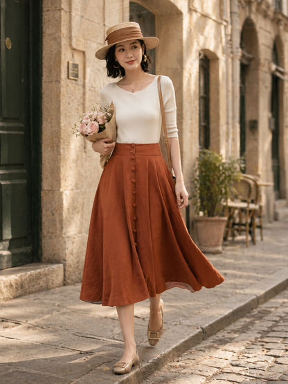 Handmade Linen Midi Skirt – Rust Brown Button Front Swing Skirt | Xiaolizi 5689