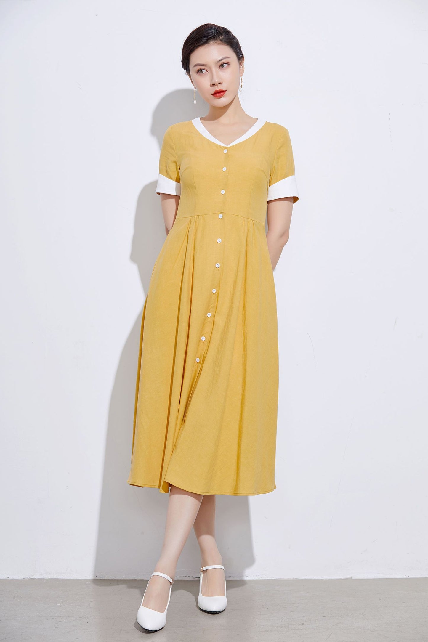 vintage inspired Yellow linen shirt dress 2317