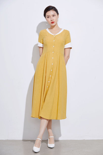 Handmade Yellow Linen Cotton Shirt Dress – Vintage Fit & Flare with Pockets 2317