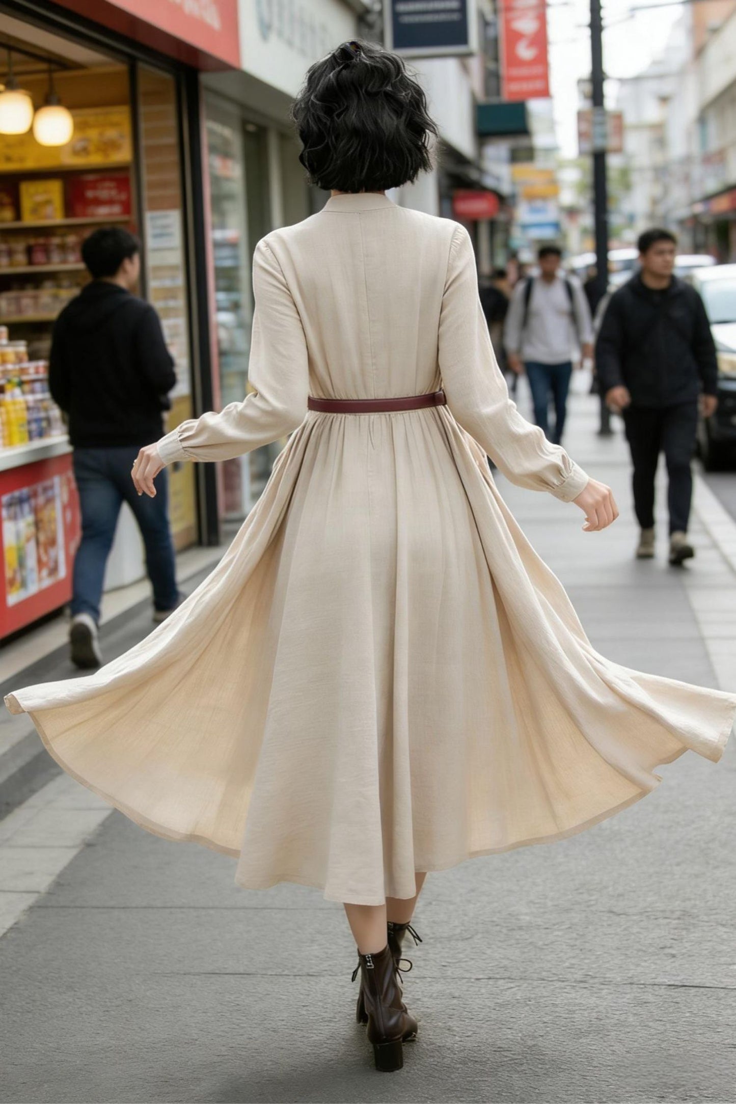 Timeless Beige Linen Midi Dress – Button Front with Stand Collar | Xiaolizi 6772