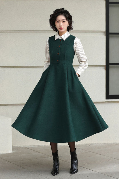 Handmade Vintage Wool Dress – Green Sleeveless A-Line Midi Winter Dress 6615