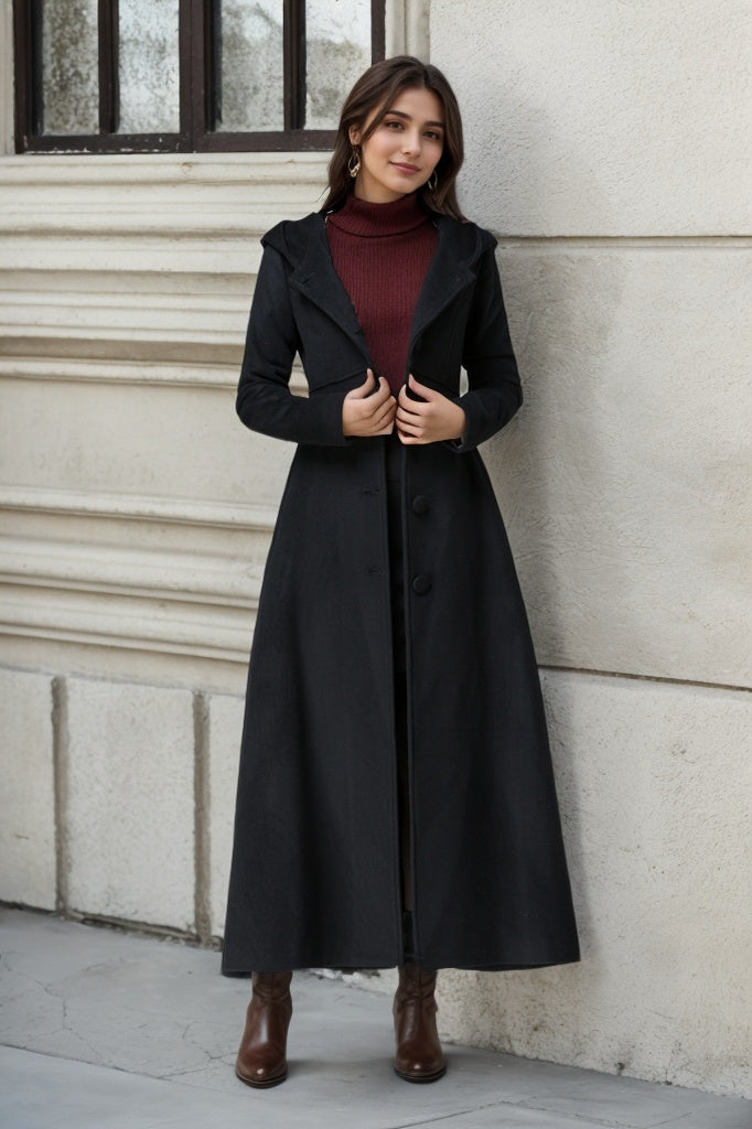 Black hooded maxi coat for winter 1839#