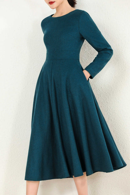 Teal Wool Midi Dress - Fit and Flare Silhouette with Long Sleeves 5253