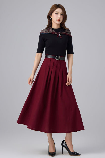 Burgundy Linen Midi Skirt - High Waist Pleated A-Line | Xiaolizi 6759