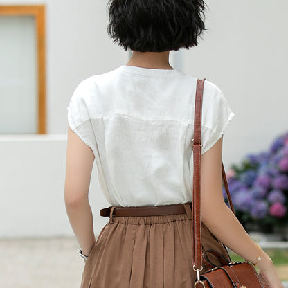 White Linen Blouse - Vintage Button Front with Subtle Ruffle Neckline 5992