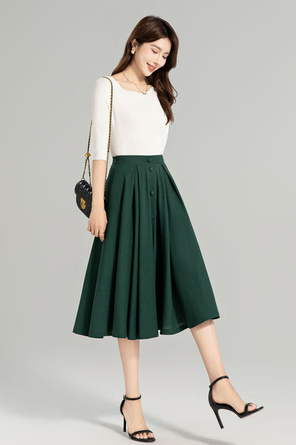 Dark Green Button-Down Linen Midi Skirt – A-Line, Pockets, Elastic Back | Xiaolizi 4963