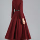 Burgundy Wool Midi Dress – Women’s Long Sleeve Fit and Flare Winter Dress 2429