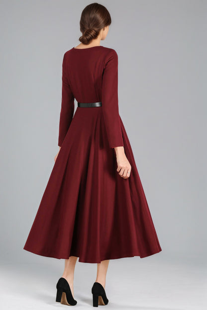 Burgundy Wool Midi Dress – Women’s Long Sleeve Fit and Flare Winter Dress 2429