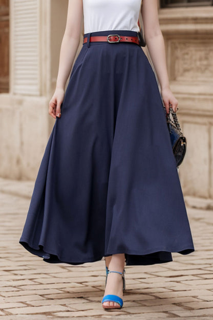 Navy Blue Linen Blend Maxi Skirt - High Waist A-Line with Pockets 5131