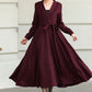 Burgundy Wool Wrap Midi Dress — Elegant Tie‑Waist A‑Line for Office 6512
