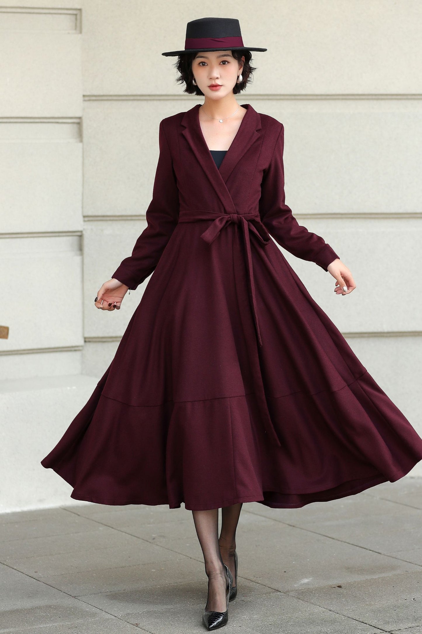 Burgundy Wool Wrap Midi Dress — Elegant Tie‑Waist A‑Line for Office 6512