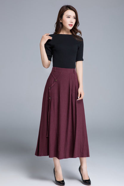 Feminine Burgundy Linen Maxi Skirt – High-Waist A-Line Buttons – 1672
