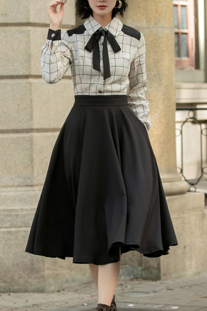 Plaid Linen Cotton A-Line Midi Dress - Relaxed Fit, Shirt Collar 5686