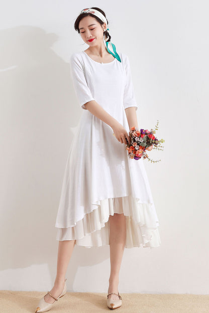 White Linen Summer High-Low Dress with Flowy Hem 2517