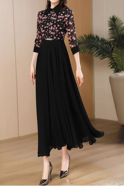 Black Polyester Maxi Dress - Floral Print, Fitted Waist 5061