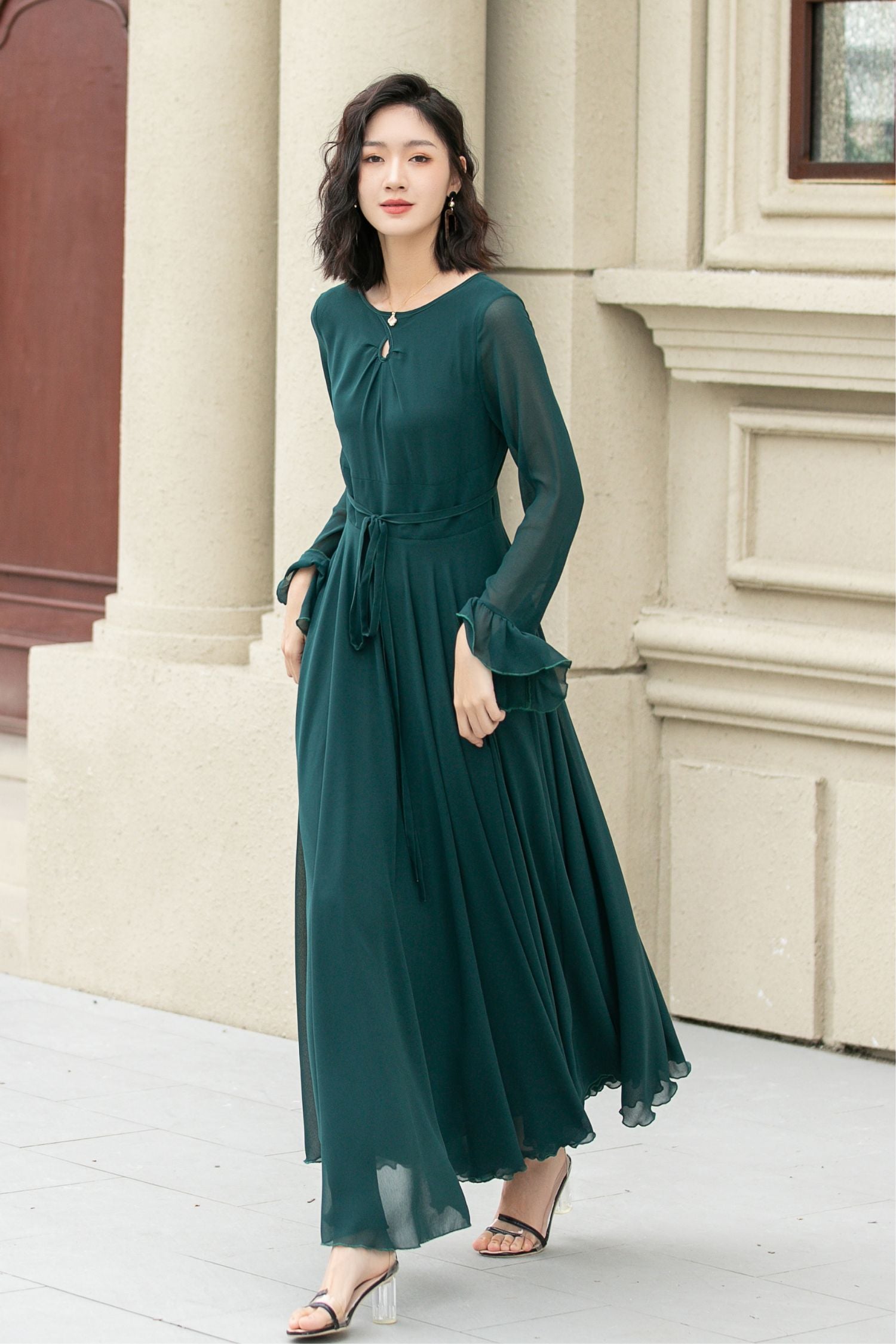 long sleeve green chiffon dress Forest Green Bridesmaid Dress Chiffon Size XL
