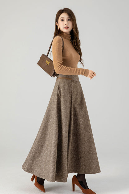 Khaki Wool Blend A-Line Maxi Skirt - High Waist Lined | Xiaolizi 4608