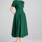 Green fit and flare summer linen dress with pockets 2337