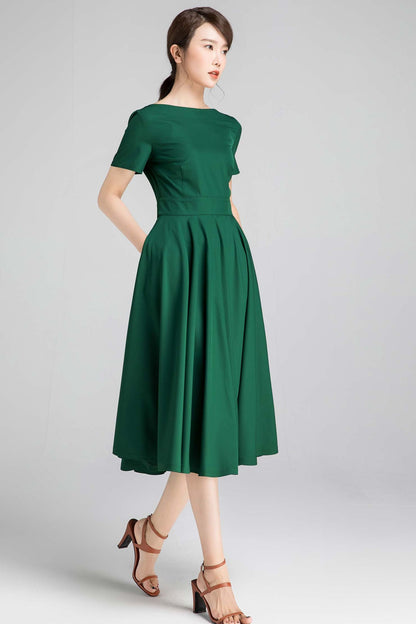 Green Linen Fit and Flare Dress - Pockets and Boat Neck 2337