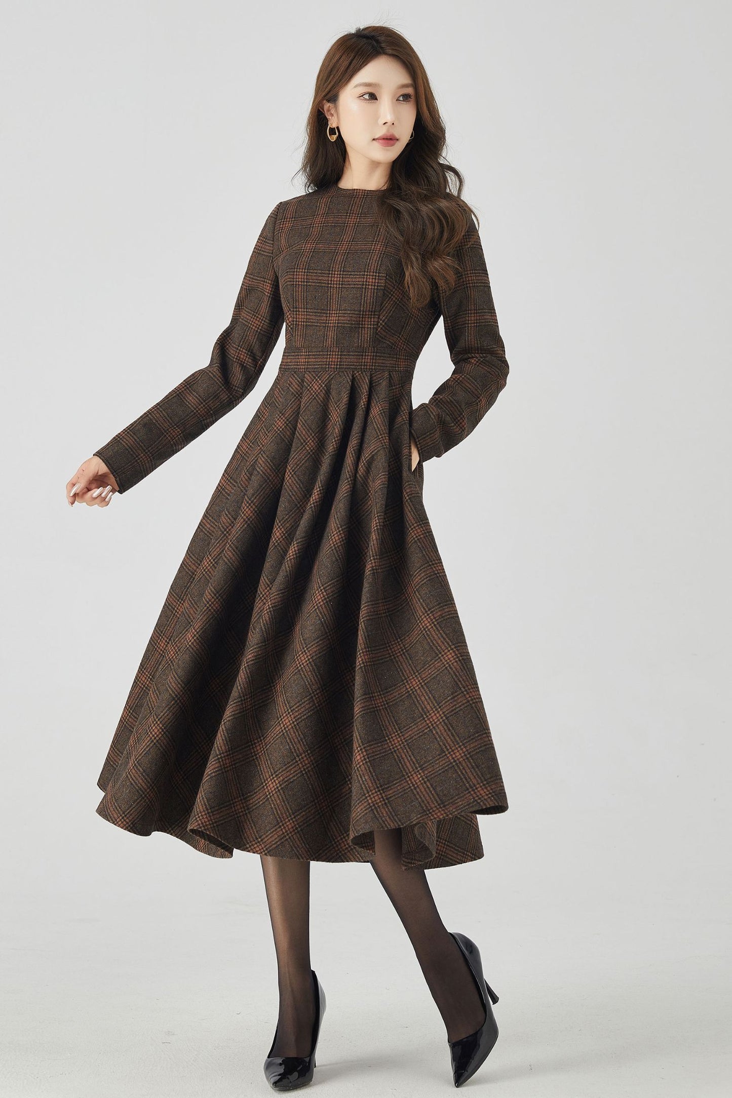 Long Sleeve Plaid Midi Wool Dress 5406