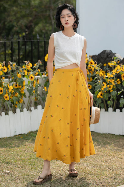 Xiaolizi Linen Wrap Midi Skirt – Mustard Yellow Floral A-Line Summer Skirt 6688