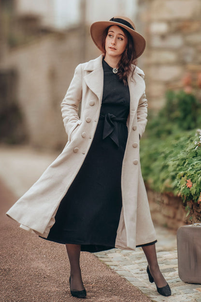 Cream White Wool Blend Coat - Double-Breasted A-Line Overcoat 3183
