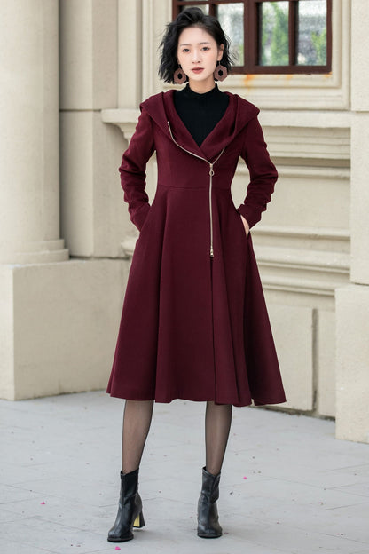 Vintage Hooded Wool Coat – Burgundy Handmade Winter Zip Overcoat 5345