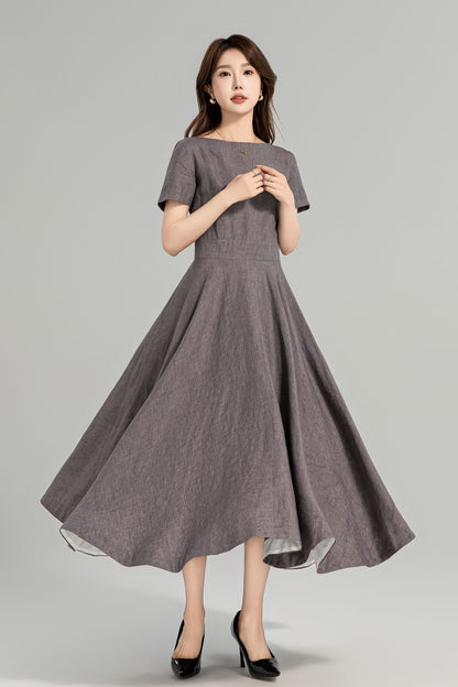 Cottagecore Linen Midi Dress with Pockets – Vintage Fit and Flare Summer Dress 4960