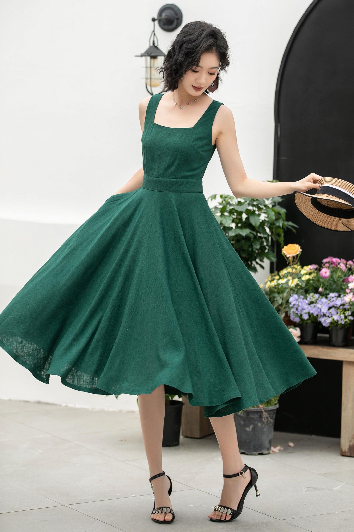 Stylish Deep Green A-Line Linen Suspender Dress with Square Neckline 5860
