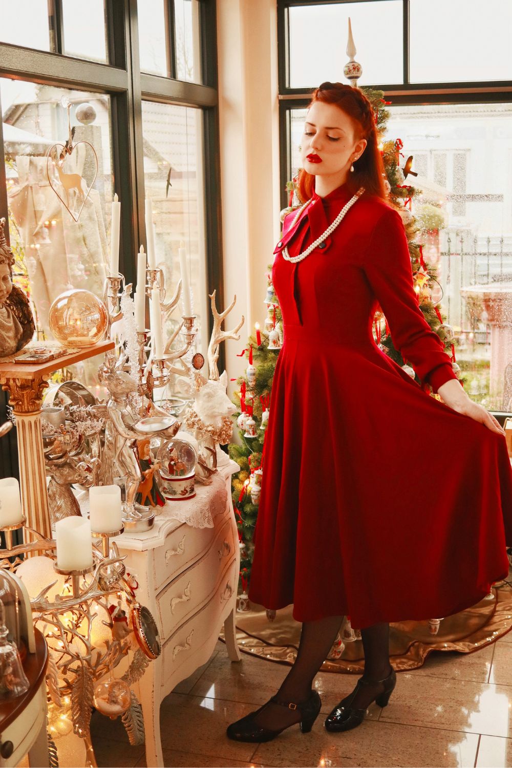 Burgundy Wool Winter Dress Fit & Flare Long Sleeve | Xiaolizi Burgundy Wool Winter Dress Fit & Flare Long Sleeve | Xiaolizi