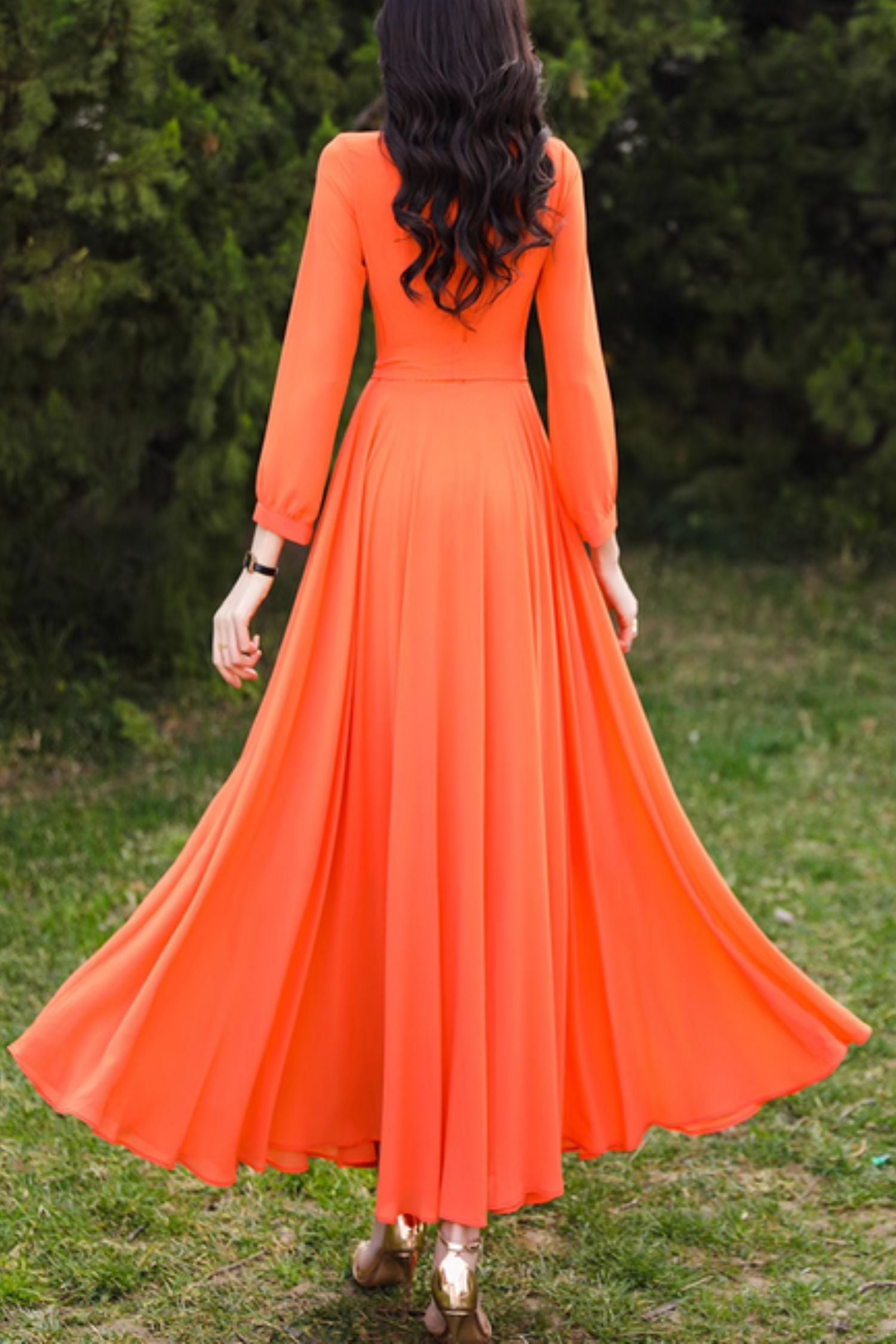 Long sleeves orange maxi chiffon dress 5076 - orange / XS Long sleeves orange maxi chiffon dress 5076 - orange / XS