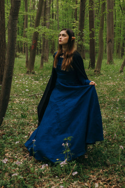 Navy Linen Maxi Dress - Fitted Waist with Square Neckline 3484